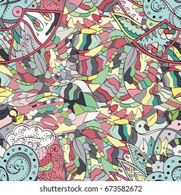 Tracery seamless pattern. Mehndi design. Ethnic colorful doodle texture. Curved doodling background. Vector