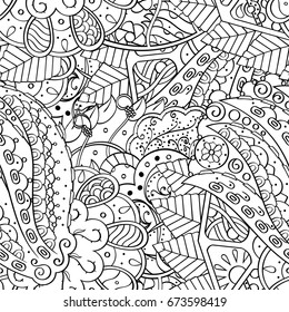 Tracery seamless pattern. Mehndi design. Ethnic monochrome binary doodle texture. Curved doodling black and white background. Vector