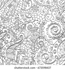 Tracery seamless pattern. Mehndi design. Ethnic monochrome binary doodle texture. Curved doodling black and white background. Vector