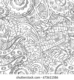 Tracery seamless pattern. Mehndi design. Ethnic monochrome binary doodle texture. Curved doodling black and white background. Vector