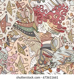 Tracery seamless pattern. Mehndi design. Ethnic colorful doodle texture. Curved doodling background. Vector