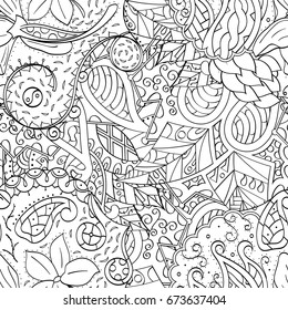 Tracery seamless pattern. Mehndi design. Ethnic monochrome binary doodle texture. Curved doodling black and white background. Vector