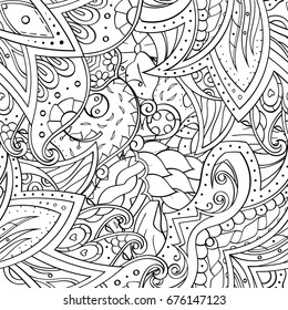 Tracery seamless pattern. Mehndi design. Ethnic monochrome binary doodle texture. Curved doodling black and white background. Vector