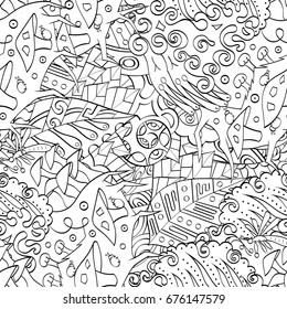 Tracery seamless pattern. Mehndi design. Ethnic monochrome binary doodle texture. Curved doodling black and white background. Vector