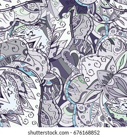 Tracery seamless pattern. Mehndi design. Ethnic colorful doodle texture. Curved doodling background. Vector