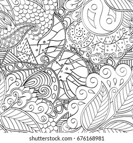 Tracery seamless pattern. Mehndi design. Ethnic monochrome binary doodle texture. Curved doodling black and white background. Vector
