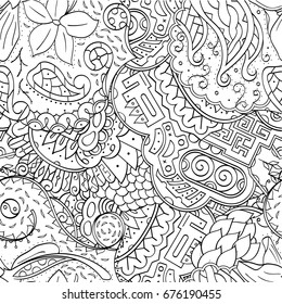 Tracery seamless pattern. Mehndi design. Ethnic monochrome binary doodle texture. Curved doodling black and white background. Vector