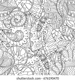 Tracery seamless pattern. Mehndi design. Ethnic monochrome binary doodle texture. Curved doodling black and white background. Vector