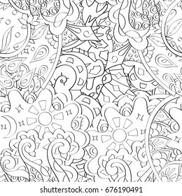 Tracery seamless pattern. Mehndi design. Ethnic monochrome binary doodle texture. Curved doodling black and white background. Vector