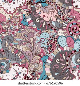 Tracery seamless pattern. Mehndi design. Ethnic colorful doodle texture. Curved doodling background. Vector
