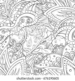 Tracery seamless pattern. Mehndi design. Ethnic monochrome binary doodle texture. Curved doodling black and white background. Vector