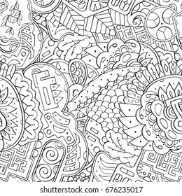 Tracery seamless pattern. Mehndi design. Ethnic monochrome binary doodle texture. Curved doodling black and white background. Vector