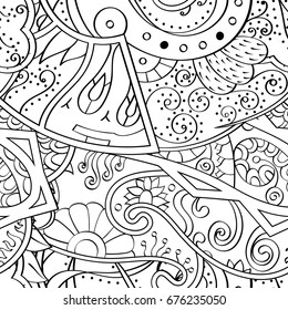 Tracery seamless pattern. Mehndi design. Ethnic monochrome binary doodle texture. Curved doodling black and white background. Vector