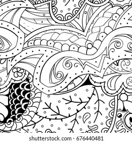 Tracery seamless pattern. Mehndi design. Ethnic monochrome binary doodle texture. Curved doodling black and white background. Vector