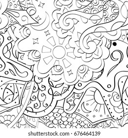 Tracery seamless pattern. Mehndi design. Ethnic monochrome binary doodle texture. Curved doodling black and white background. Vector