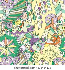 Tracery seamless pattern. Mehndi design. Ethnic colorful doodle texture. Curved doodling background. Vector