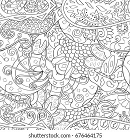 Tracery seamless pattern. Mehndi design. Ethnic monochrome binary doodle texture. Curved doodling black and white background. Vector