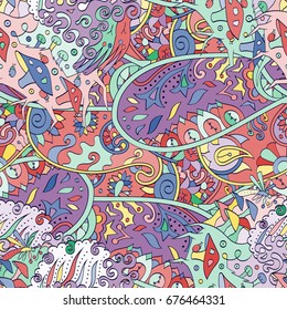 Tracery seamless pattern. Mehndi design. Ethnic colorful doodle texture. Curved doodling background. Vector
