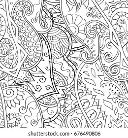 Tracery seamless pattern. Mehndi design. Ethnic monochrome binary doodle texture. Curved doodling black and white background. Vector