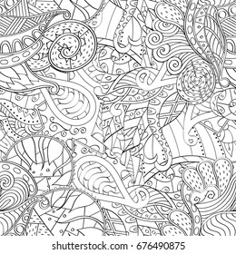 Tracery seamless pattern. Mehndi design. Ethnic monochrome binary doodle texture. Curved doodling black and white background. Vector