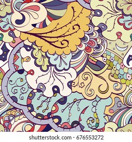 Tracery seamless pattern. Mehndi design. Ethnic colorful doodle texture. Curved doodling background. Vector