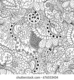 Tracery seamless pattern. Mehndi design. Ethnic monochrome binary doodle texture. Curved doodling black and white background. Vector