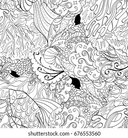 Tracery seamless pattern. Mehndi design. Ethnic monochrome binary doodle texture. Curved doodling black and white background. Vector