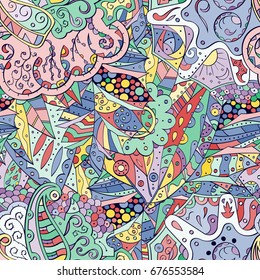Tracery seamless pattern. Mehndi design. Ethnic colorful doodle texture. Curved doodling background. Vector