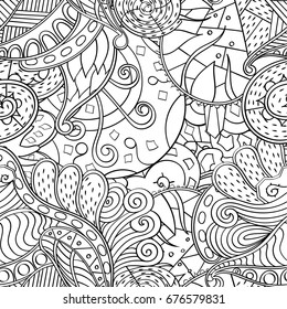 Tracery seamless pattern. Mehndi design. Ethnic monochrome binary doodle texture. Curved doodling black and white background. Vector