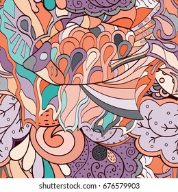 Tracery seamless pattern. Mehndi design. Ethnic colorful doodle texture. Curved doodling background. Vector