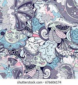 Tracery seamless pattern. Mehndi design. Ethnic colorful doodle texture. Curved doodling background. Vector