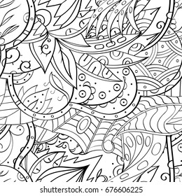 Tracery seamless pattern. Mehndi design. Ethnic monochrome binary doodle texture. Curved doodling black and white background. Vector