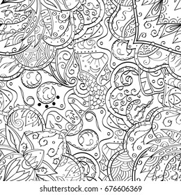 Tracery seamless pattern. Mehndi design. Ethnic monochrome binary doodle texture. Curved doodling black and white background. Vector