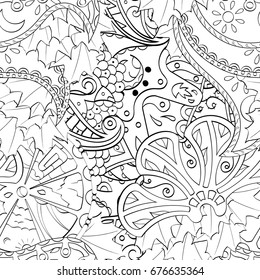 Tracery seamless pattern. Mehndi design. Ethnic monochrome binary doodle texture. Curved doodling black and white background. Vector