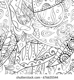 Tracery seamless pattern. Mehndi design. Ethnic monochrome binary doodle texture. Curved doodling black and white background. Vector