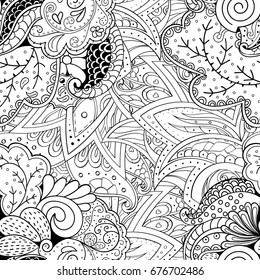 Tracery seamless pattern. Mehndi design. Ethnic monochrome binary doodle texture. Curved doodling black and white background. Vector