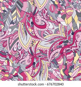 Tracery seamless pattern. Mehndi design. Ethnic colorful doodle texture. Curved doodling background. Vector