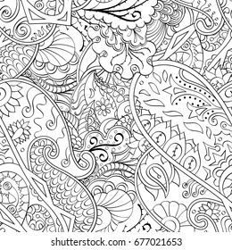 Tracery seamless pattern. Mehndi design. Ethnic monochrome binary doodle texture. Curved doodling black and white background. Vector