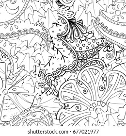 Tracery seamless pattern. Mehndi design. Ethnic monochrome binary doodle texture. Curved doodling black and white background. Vector