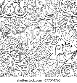 Tracery seamless pattern. Mehndi design. Ethnic monochrome binary doodle texture. Curved doodling black and white background. Vector