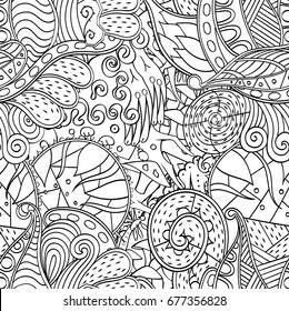 Tracery seamless pattern. Mehndi design. Ethnic monochrome binary doodle texture. Curved doodling black and white background. Vector