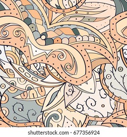 Tracery seamless pattern. Mehndi design. Ethnic colorful doodle texture. Curved doodling background. Vector