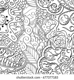 Tracery seamless pattern. Mehndi design. Ethnic monochrome binary doodle texture. Curved doodling black and white background. Vector