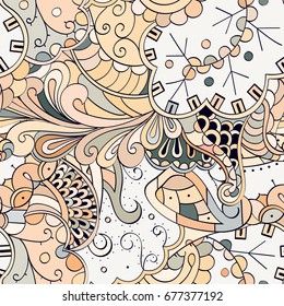 Tracery seamless pattern. Mehndi design. Ethnic colorful doodle texture. Curved doodling background. Vector