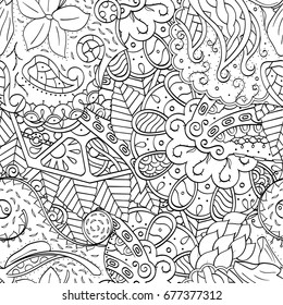Tracery seamless pattern. Mehndi design. Ethnic monochrome binary doodle texture. Curved doodling black and white background. Vector
