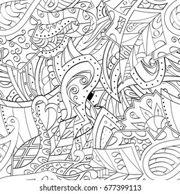 Tracery seamless pattern. Mehndi design. Ethnic monochrome binary doodle texture. Curved doodling black and white background. Vector