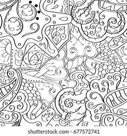 Tracery seamless pattern. Mehndi design. Ethnic monochrome binary doodle texture. Curved doodling black and white background. Vector