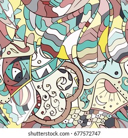 Tracery seamless pattern. Mehndi design. Ethnic colorful doodle texture. Curved doodling background. Vector