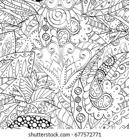 Tracery seamless pattern. Mehndi design. Ethnic monochrome binary doodle texture. Curved doodling black and white background. Vector