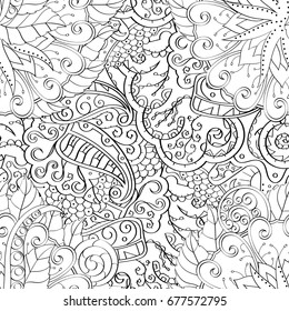 Tracery seamless pattern. Mehndi design. Ethnic monochrome binary doodle texture. Curved doodling black and white background. Vector